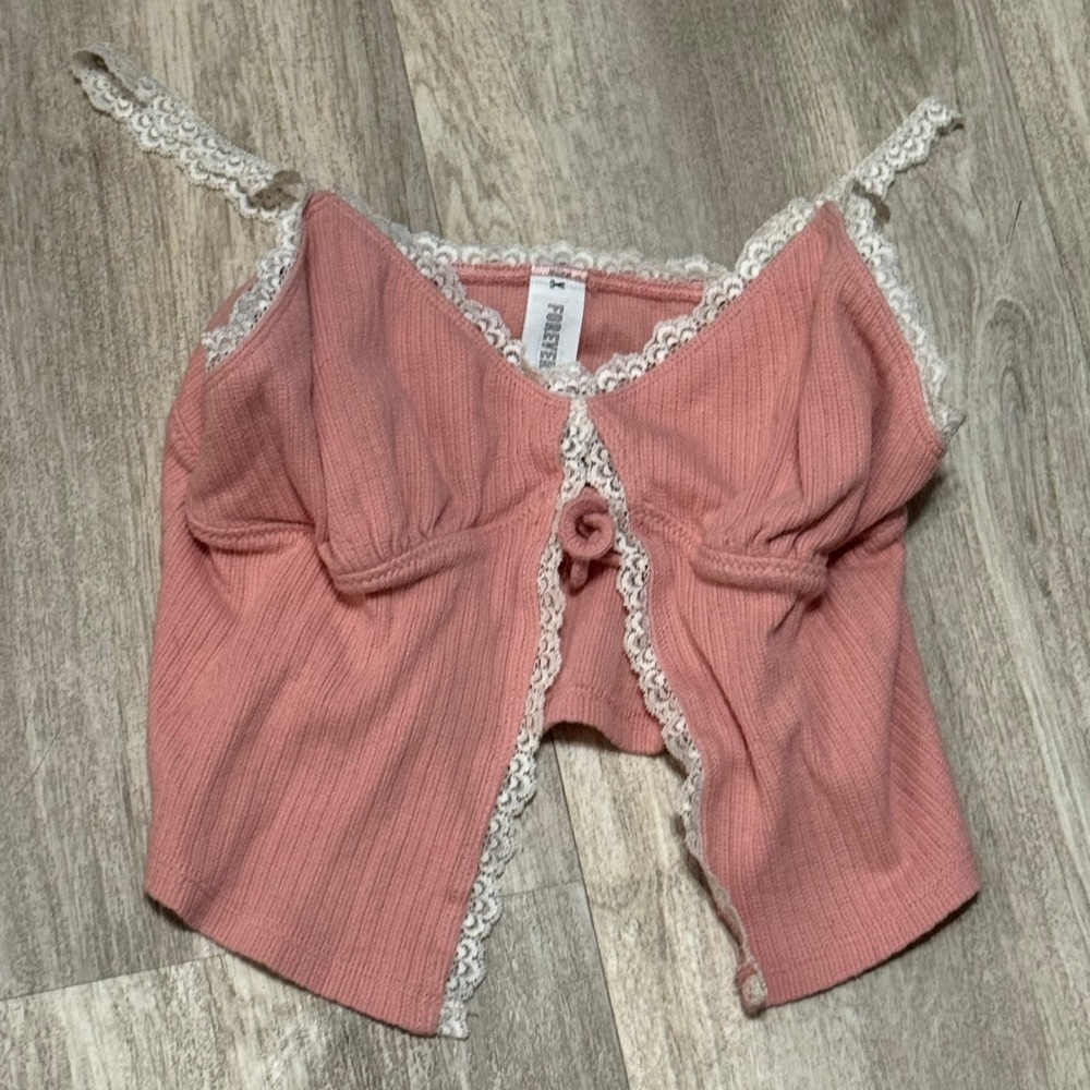 Forever 21 Pink Ribbed Crop Top with Lace Trim, Open‎ Front Medium